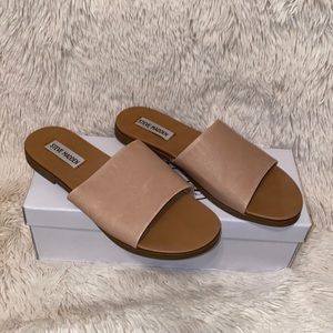 Tan leather, slide on sandals